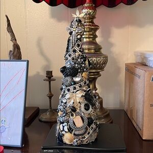 Handcrafted Vintage Jewelry Art Tree in shades of black, gold and grey